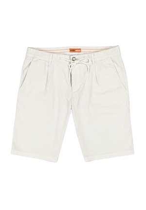 Beige cotton shorts with an elastic waistband, drawstring closure, two side pockets, and a button detail at the front.