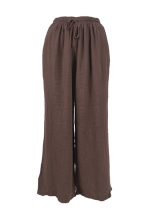 Weite Hose aus strukturiertem braunem Stoff mit elastischem Bündchen und Kordelzug. Verfügt über seitliche Schlitze für zusätzlichen Luftstrom.
