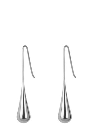 Silver teardrop earrings with a polished finish and elongated shape, featuring a hook for secure wear. Texture is smooth and reflective.