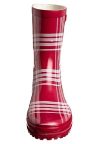 Punainen kuminen sadetossu valkoisella ruutukuviolla, pyöreä kärki ja kuvioitu pito pohjassa. Yläosassa pieni nappi.