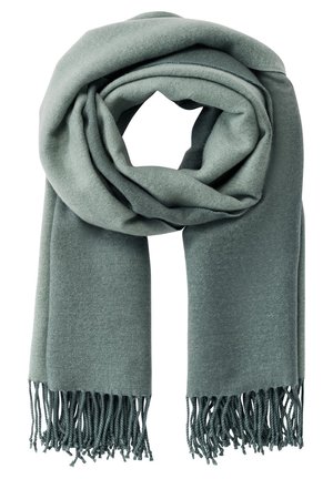 Zachte, lichtgroene wollen sjaal met franjeranden, losjes in een lus gelegd met twee hangende uiteinden tegen een witte achtergrond.