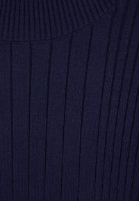 Tums zilā ribota džemperis ar augstu apkakli, kuram ir vertikālas svītras un mīksta, teksturēta auduma. Ideāli piemērots slāņošanai vēsākā laikā.