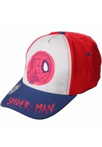 Red and grey cap featuring a Spider-Man logo and text. The front is grey with a printed spider web design; the brim is dark blue.