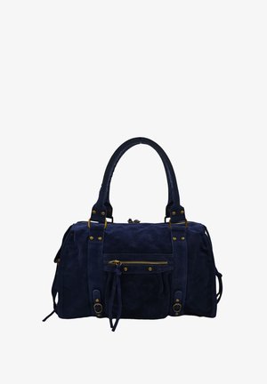 Sac en suède bleu marine avec poignées doubles, accents en métal doré, poche zippée à l'avant et nœuds décoratifs sur les côtés. Forme rectangulaire structurée.