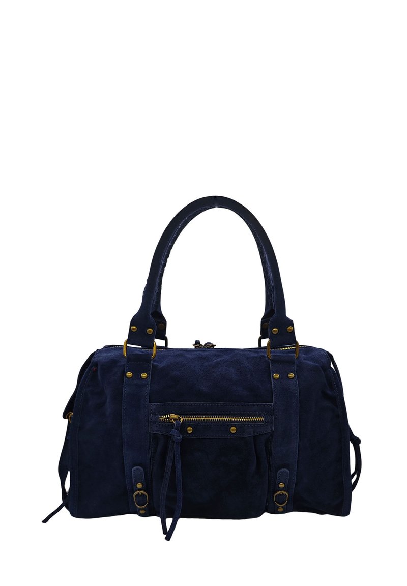 Sac en suède bleu marine avec poignées doubles, accents en métal doré, poche zippée à l'avant et nœuds décoratifs sur les côtés. Forme rectangulaire structurée.