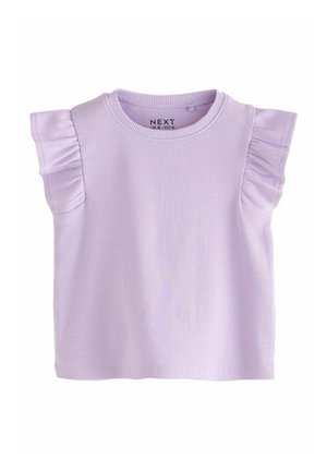 Lila geribbelde mouwloze top met ronde hals en ruches op de schouders, ontworpen voor kinderachtig casual gebruik.