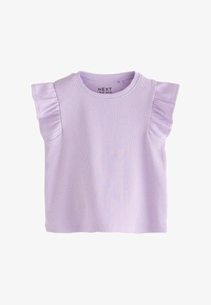 Fliederfarbenes, geripptes ärmelloses Oberteil mit rundem Ausschnitt und gerüschten Schulterdetails, entworfen für die legere Kinderbekleidung.