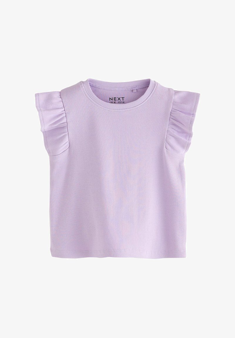 Top sin mangas de punto acanalado color lila con cuello redondo y detalles fruncidos en los hombros, diseñado para ropa casual infantil.