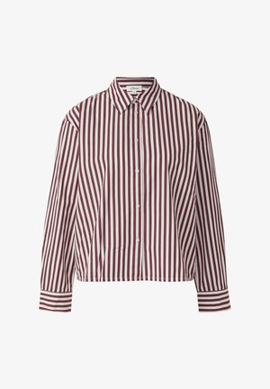 Langarmshirt met verticale kastanjebruine en witte strepen, knoopsluiting aan de voorkant, puntige kraag en gestreepte manchetten.