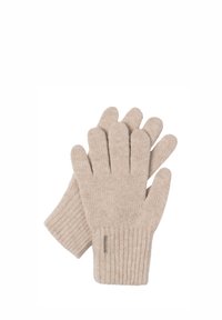 Gants en tricot beige côtelé avec cinq doigts, fabriqués en matériau doux. Dotés d'un poignet à revers pour une meilleure isolation et un confort accru.