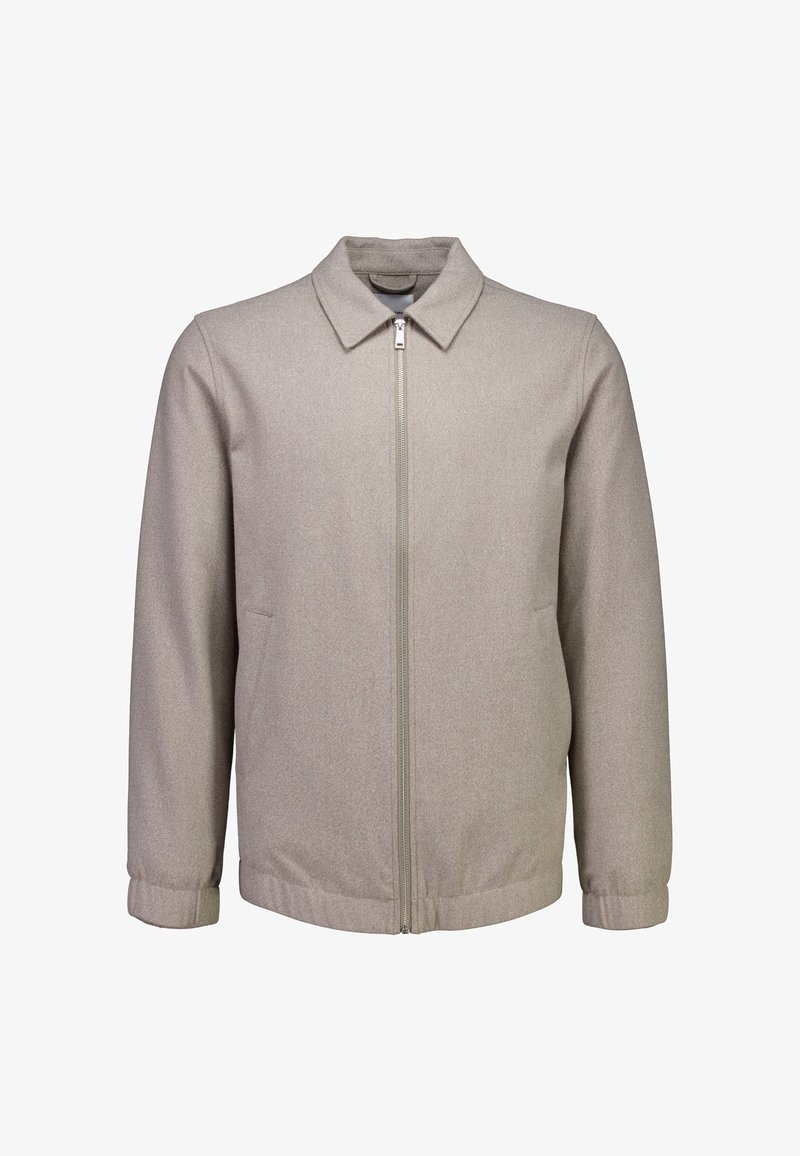 Chaqueta de cremallera beige claro con cuello, mangas largas y bolsillos laterales, con puños y dobladillo elásticos para un ajuste ceñido.
