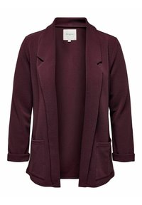 Bordeauxrode blazer met open voorkant, vervaardigd van gestructureerde stof, voorzien van een kraag, twee voorzakken en opgerolde mouwen. Glad binnenvoering.