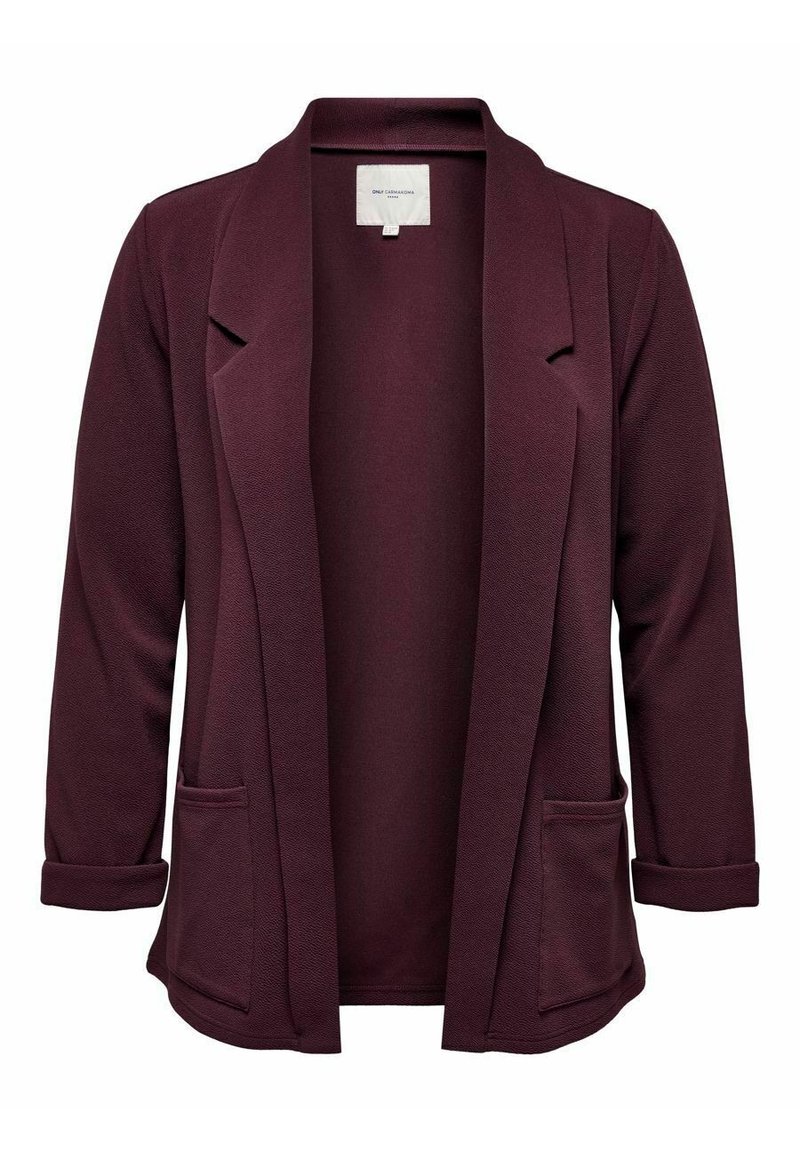 Bordeauxrode blazer met open voorkant, vervaardigd van gestructureerde stof, voorzien van een kraag, twee voorzakken en opgerolde mouwen. Glad binnenvoering.