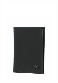 Portefeuille en cuir noir à texture lisse, design pliable en deux, coutures discrètes et petit logo embossé dans le coin inférieur droit.