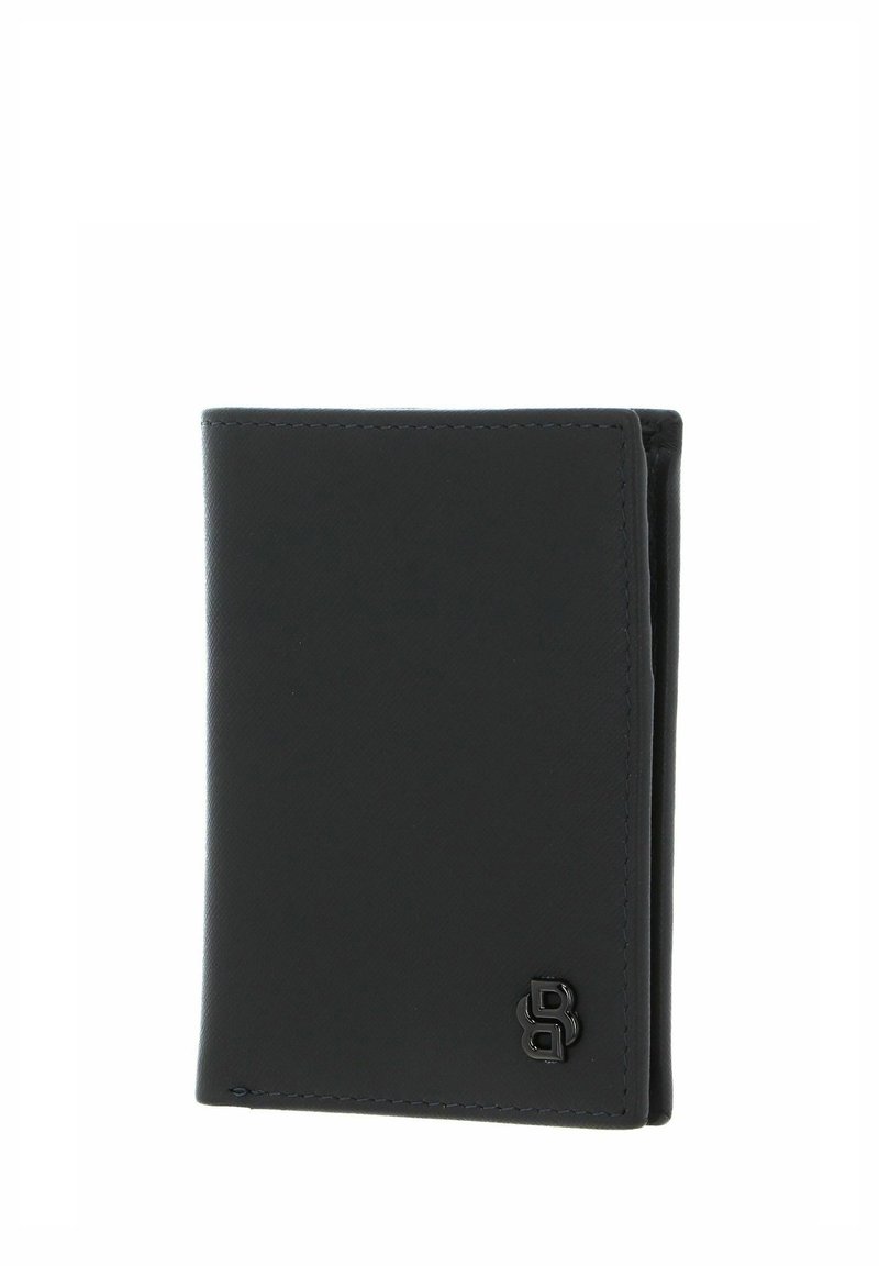 Portefeuille en cuir noir à texture lisse, design pliable en deux, coutures discrètes et petit logo embossé dans le coin inférieur droit.