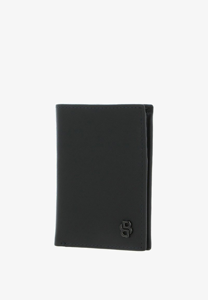 Portefeuille en cuir noir à texture lisse, design pliable en deux, coutures discrètes et petit logo embossé dans le coin inférieur droit.