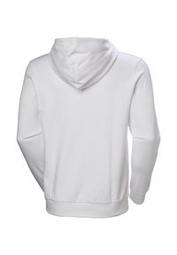 Sudadera blanca lisa con capucha, vista desde atrás, con mangas largas y cintura ajustada.