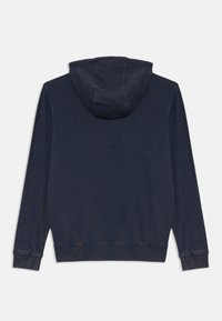 Felpa blu navy con tessuto testurizzato, cappuccio con cordino e polsini e orlo a coste. Retro semplice senza elementi di design aggiuntivi.