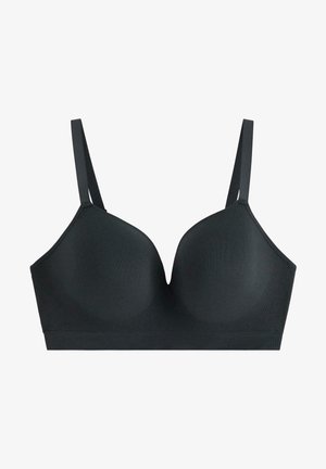 Brassiere nero, senza cuciture, con scollatura a V profonda, coppe leggermente imbottite e spalline regolabili. Tessuto morbido con una superficie liscia e senza hardware visibile.