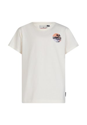 Lichtcreme kleurig t-shirt met korte mouwen, gemaakt van katoen, met een ronde afbeelding van palmbomen en zonsondergangkleuren, met het label "RETOUR JEANS."