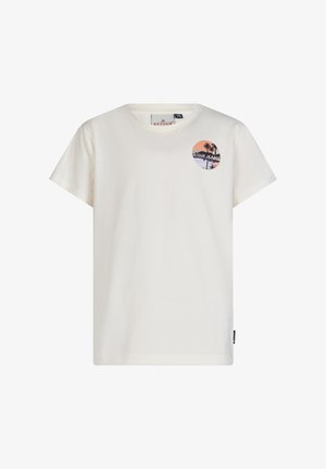 Helles Cremefarbenes T-Shirt mit kurzen Ärmeln aus Baumwolle, das ein rundes Motiv mit Palmen und Sonnenuntergangsfarben zeigt, beschriftet mit "RETOUR JEANS."