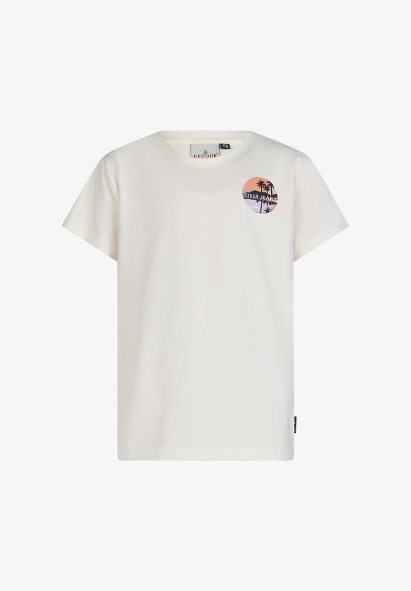 Jasno-kremowa koszulka z krótkim rękawem, wykonana z bawełny, z okrągłą grafiką przedstawiającą palmy i kolory zachodu słońca, oznaczona napisem "RETOUR JEANS."