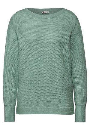 Mintgrøn strikket sweater med vid halsudskæring, lange ærmer, tekstureret mønster og ribbede manchetter og kant. Egnet til almindelig brug.