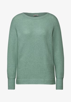 Muntgroene gebreide trui met een brede hals, lange mouwen, een gestructureerd patroon en geribbelde manchetten en onderrand. Geschikt voor vrijetijdskleding.