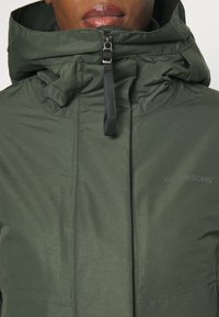 Grüne Kapuzenjacke mit Reißverschluss, verstellbarem Kordelzug und matter Textur. Verfügt über ein dezentes Logo-Detail auf der Vorderseite.