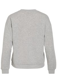 Sudadera de manga larga gris claro con cuello redondo, con puños y dobladillo acanalados, vista desde la parte posterior sobre un fondo blanco.