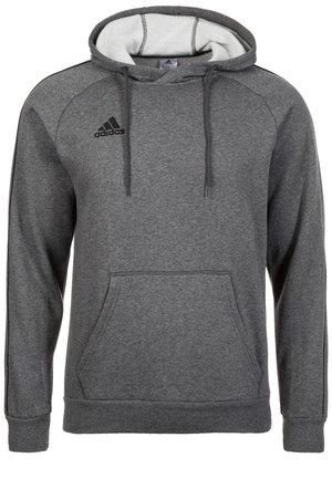 Ciemnoszara bluza z kapturem Adidas z kieszenią kangurzą, sznurkami i czarnym logo na lewej piersi.