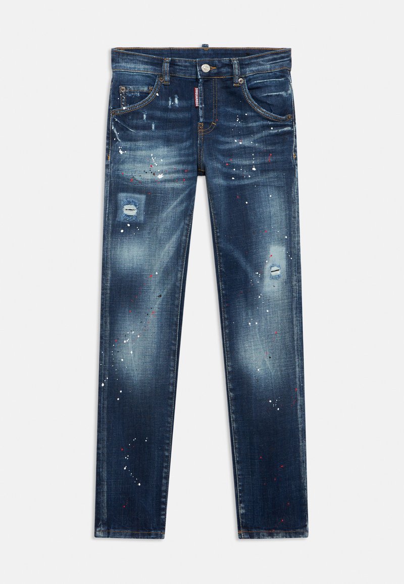 Temno modri jeans hlače iz denima z zmrznjenimi madeži in detajli razpršilne barve. Imajo pet žepov in standardno zapiranje z zadrgo.