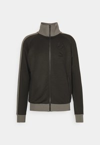 Giacca zip-up verde scuro con colletto alto, dettagli grigi sulle spalle, polsini e orlo a coste; presenta un logo sul petto.