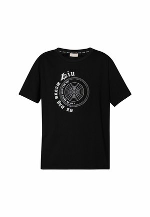 T-shirt in cotone nero con un design grafico circolare bianco che include elementi di testo. Maniche corte e scollo rotondo.