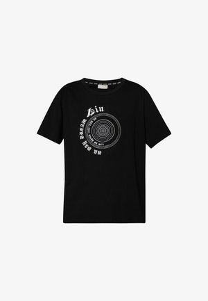 T-shirt in cotone nero con un design grafico circolare bianco che include elementi di testo. Maniche corte e scollo rotondo.