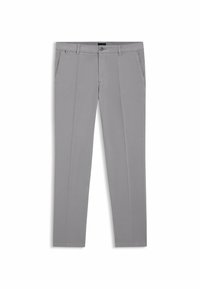 Gray trousers made of smooth fabric, featuring a straight-leg design, front pleats, and side pockets. Minimalist style with a button closure.