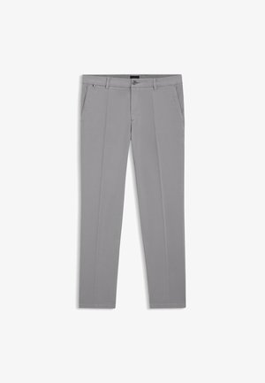 Grijze broeken van gladde stof, met een rechte pijpdesign, voorplooien en zijzakken. Minimalistische stijl met een knoopsluiting.