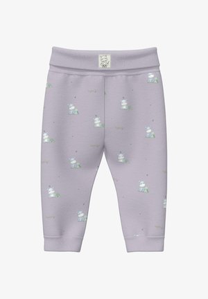 Pantalon bébé violet clair avec petits motifs d'hippopotames et de plantes vertes, taille élastique et chevilles à revers.