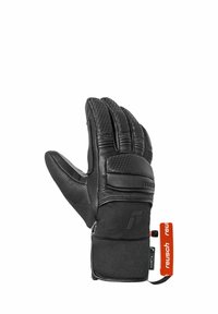 Schwarze Handschuhe mit strukturierter Lederoberfläche, gepolstertem Handflächenbereich und flexiblem Design. Mit orangem Etikett und Logodetail.