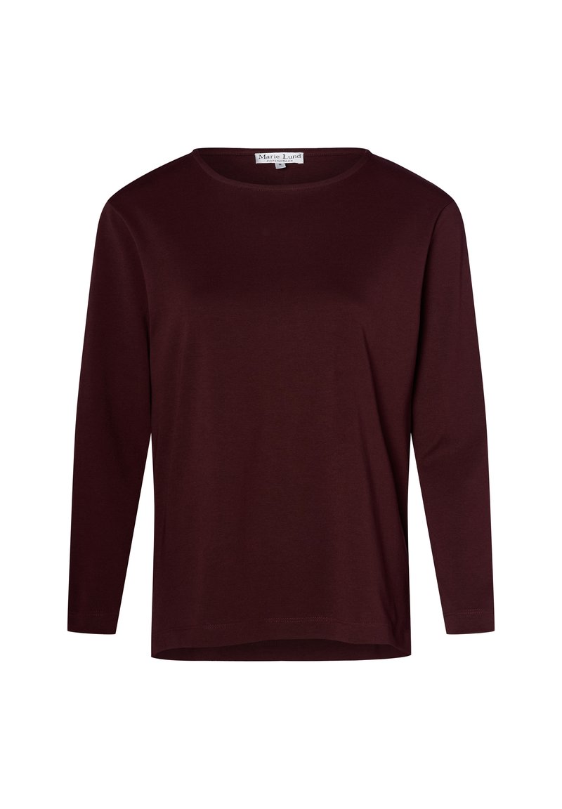 Burgunderfarbener Langarm-Top aus weichem Material, mit rundem Halsausschnitt und glatter Textur. Schlichtes Design ohne zusätzliche Muster oder Akzente.