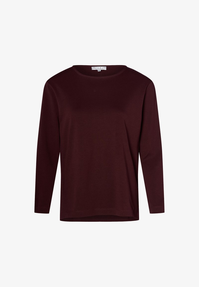 Burgunderfarbener Langarm-Top aus weichem Material, mit rundem Halsausschnitt und glatter Textur. Schlichtes Design ohne zusätzliche Muster oder Akzente.
