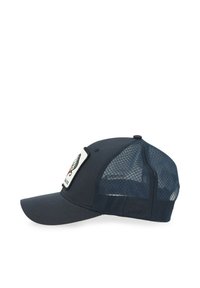 Marinepet met een stevige voorkant en een mesh achterkant, voorzien van een logo patch. De klep is gebogen en het materiaal lijkt lichtgewicht en ademend te zijn.
