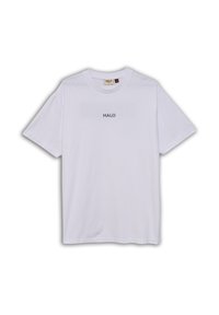 Bílá bavlněná tričko s krátkými rukávy, kulatým výstřihem a černým nápisem "HALO" vytištěným na přední straně. Měkká textura a ležérní design.