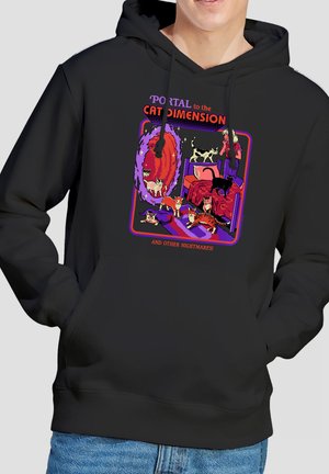 Black hoodie with colorful graphic of cats near a glowing portal and a person in a room, with text "Portal to the Cat Dimension and other nightmares."