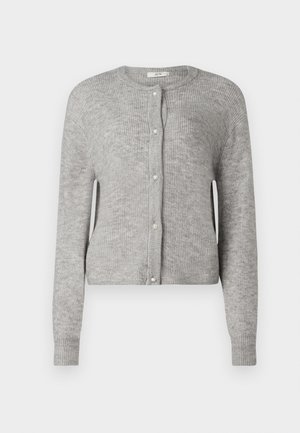 Harmaa ribbipintainen neuletakki, jossa on pitkät hihat, pyöreä pääntie ja edessä nappikiinnitys, jossa on helmiäispainikkeet. Pehmeä texture, lyhyt malli.