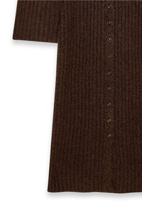 Cardigan marron en maille côtelée avec manches longues et une rangée verticale de petits boutons assortis au centre devant.