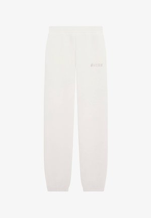 Baltas sporta bikses, kas izgatavotas no mīksta auduma, ar elastīgu jostasvītu un potītēm, uz sāna ar smalku "GUESS" metāla burtiem.
