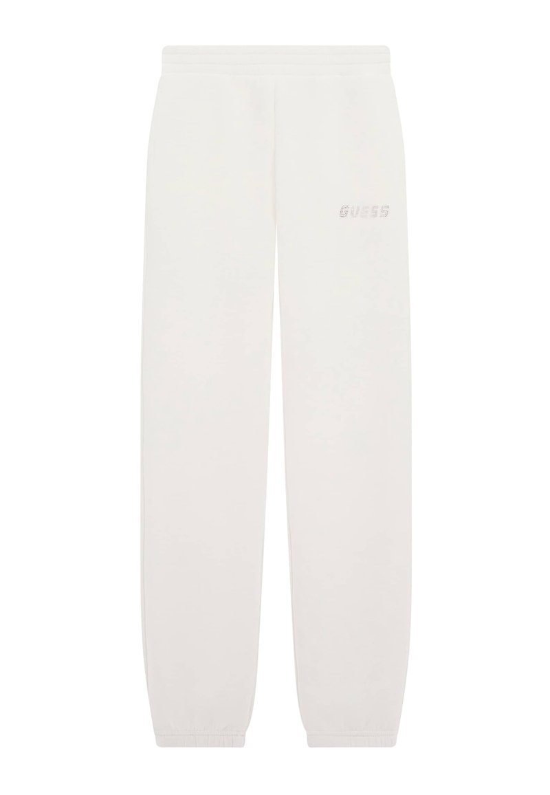 Pantalones de chándal blancos de tejido suave, con una cintura y puños elásticos, y un sutil logo "GUESS" en letras metálicas en el costado.