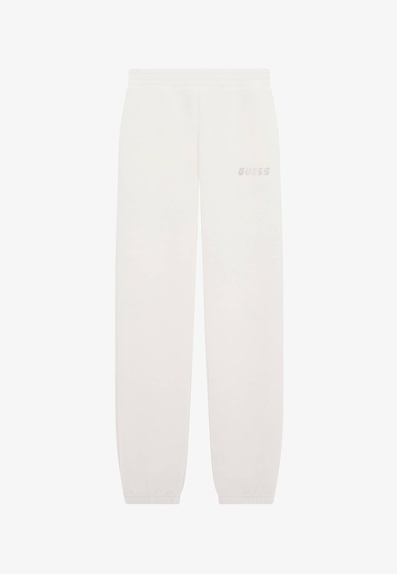 White sweatpants made of soft fabric, featuring an elastic waistband and cuffs, with a subtle "GUESS" logo in metallic lettering on the side.
