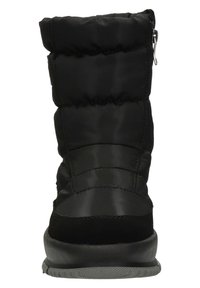 Zwarte waterdichte laarzen tot op de kuit met een geborduurde nylon bovenkant, zachte voering, elastische schacht en rubberen zool met een gestructureerd profiel.